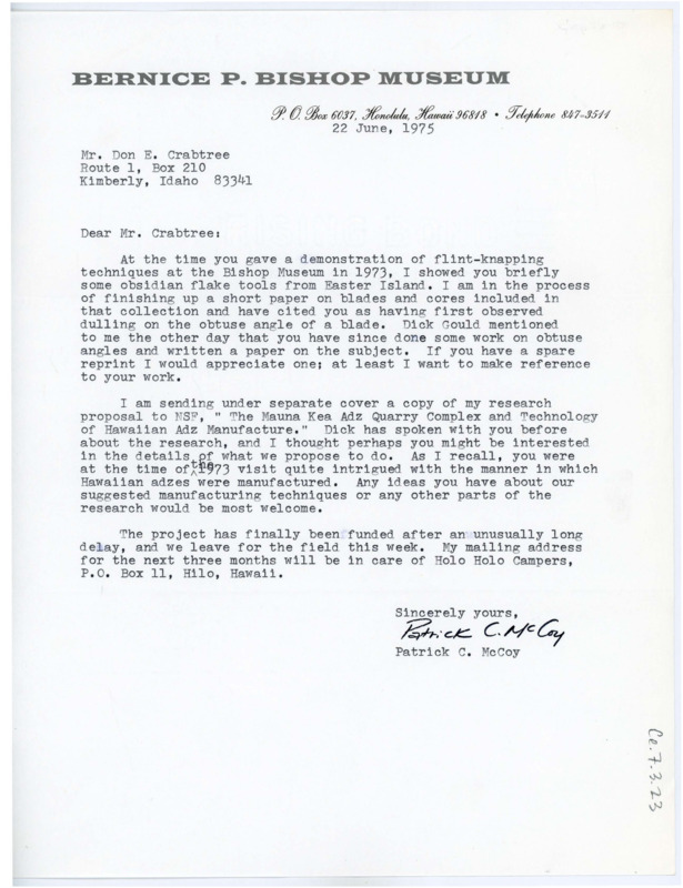 Letter from Patrick C. McCoy to Don Crabtree asking him for a reprint of his article on obtuse angles, offering a copy of his own research proposal in return.