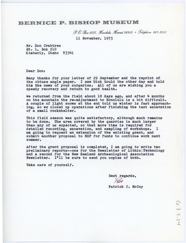 Letter from Patrick C. McCoy to Don Crabtree thanking him for the reprint of his obtuse angle paper. He goes on to say that his field season and most recent excavation went very successfully.