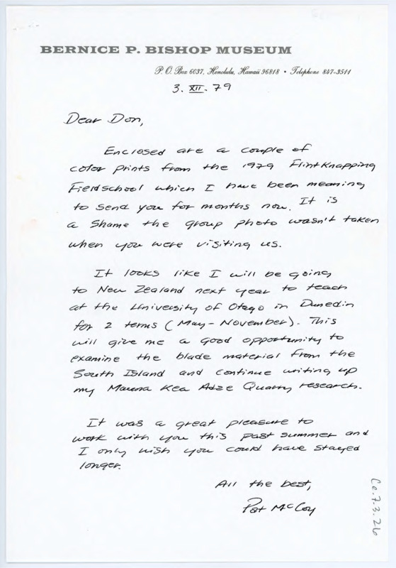 Letter from Patrick C. McCoy to Don Crabtree including color prints from the field school earlier that year. He adds that he will be travelling to New Zealand to teach lithic technology.