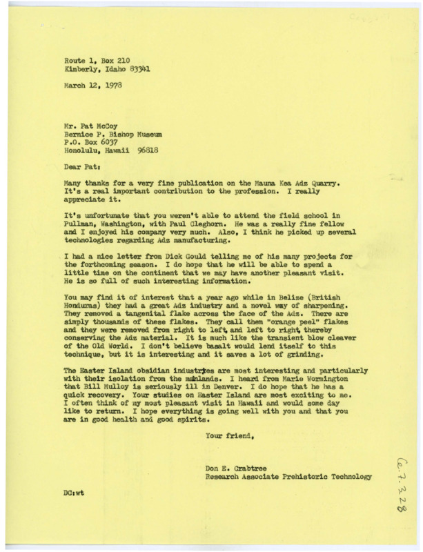 Letter from Don Crabtree to Patrick C. McCoy thanking and congratulating him for his publication on the Mauna Kea Adz Quarry.