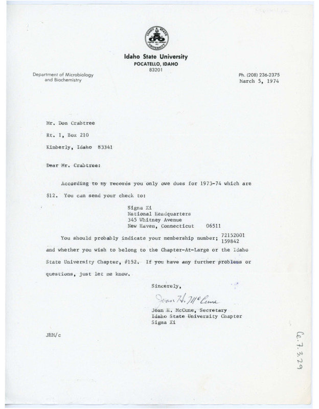 Letter from Joan H. McCune to Don Crabtree informing him of his dues to Sigma Xi.