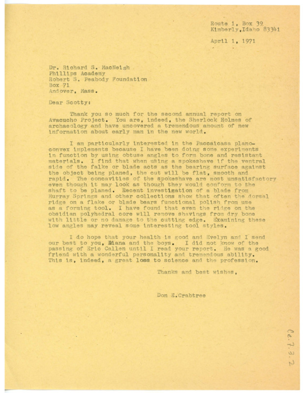 Letter from Don Crabtree to Richard "Scotty" S. MacNeish thanking him for his update on the Avacucho Project.