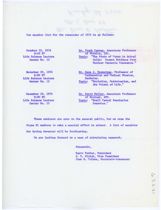 Letter from Barry Parker to all Sigma Xi members informing them of their list of speakers for this year's seminars.