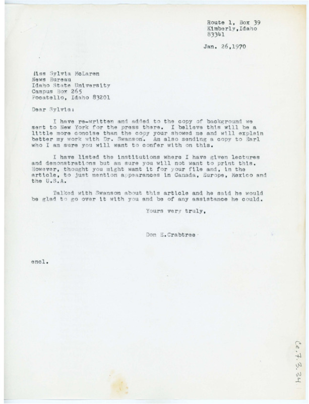 Letter from Don Crabtree to Sylvia McLaren explaining his edits to a biography of him that the latter had written.