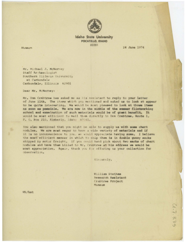 Letter from William Statham to Michael J. McNerney replying to the latter's letter on behalf of Don Crabtree.