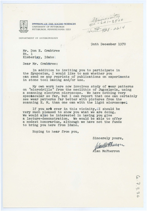 Letter from Alan McPherron to Don Crabtree asking for any publications he may have regarding flintknapping and lithic technology.