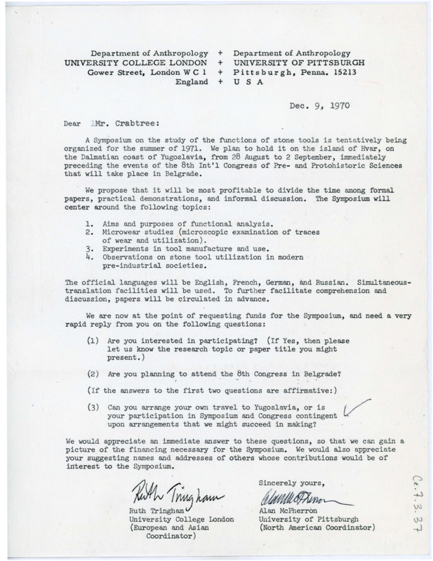 Letter from Ruth Tringham and Alan McPherron to Don Crabtree inviting him to a "tentatively organized" symposium on lithic technology.