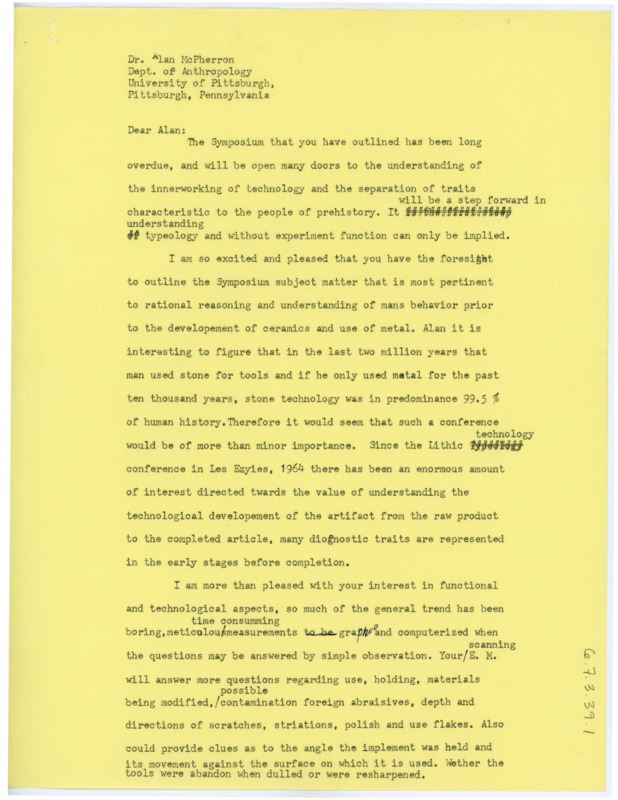 Letter from Don Crabtree to Alan McPherron commending him for his organization of the lithic technology symposium; he adds that such an event has been "long overdue".