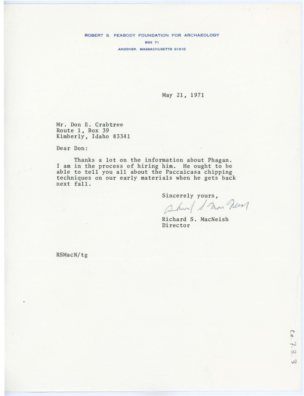 Letter from Richard S. MacNeish to Don Crabtree thanking him for sharing information about Carl Phagan.