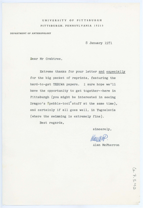 Letter from Alan McPherron to Don Crabtree thanking him for sending him many reprints of Tebiwa papers.