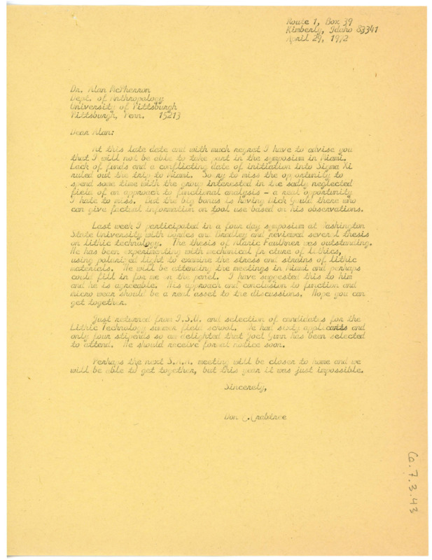 Letter from Don Crabtree to Alan McPherron retracting his agreement to speak at the latter's symposium due to funding and organizational issues.