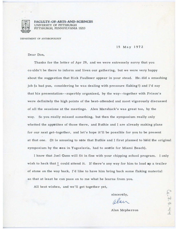 Letter from Alan McPherron to Don Crabtree complimenting his suggestion to have Rick Faulkner speak in his stead, and describing the highlights of the symposium.