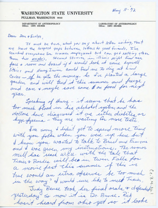 Letter from Guy R. Moto to Don and Evelyn Crabtree regarding his job search and recent happenings between their mutual friends. He included a few reprints in the original letter.