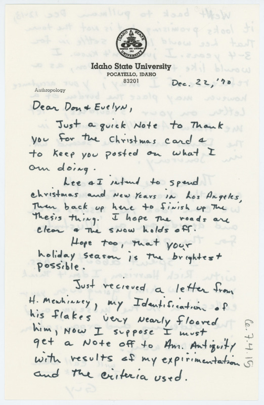 Letter from Guy R. Moto to Don and Evelyn Crabtree thanking them for the Christmas card they sent.