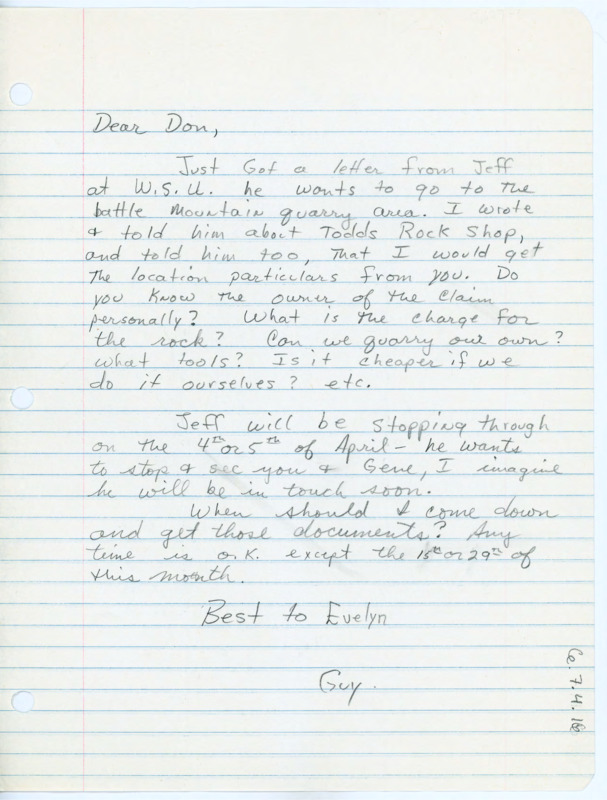 Letter from Guy R. Moto to Don Crabtree asking for information on quarrying.