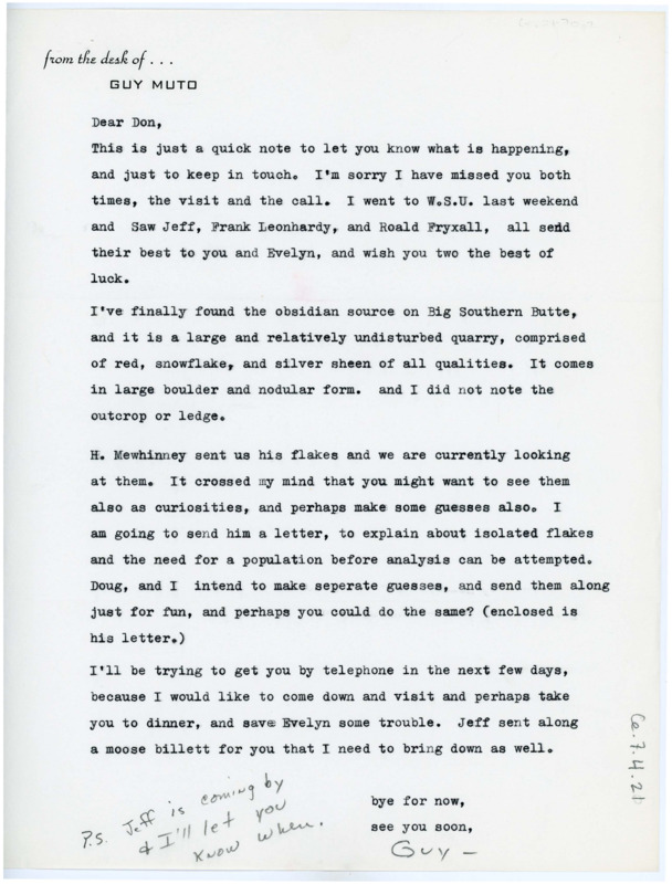 Letter from Guy R. Moto to Don Crabtree catching him up on his work. He asks if Crabtree might try to identify a few flakes sent to him and adds in a postscript that Jeff Flenniken is coming by soon.