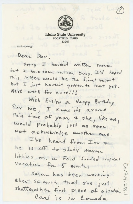 Letter from Guy R. Moto to Don Crabtree asking him to wish Evelyn Crabtree a happy birthday.