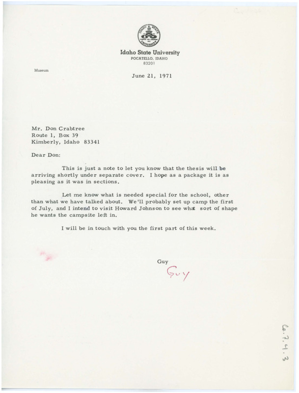 Letter from Guy R. Moto to Don Crabtree informing him of his incoming thesis.