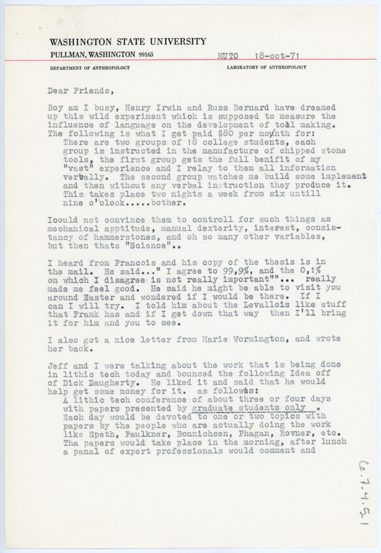 Letter from Guy R. Moto to his friends regarding his work with Henry Irwin and Russ Bernard and his progress on his thesis.