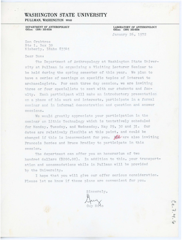 Letter from Guy R. Moto to Don Crabtree inviting him to a Visiting Lecturer Seminar that Washington State University is hosting.