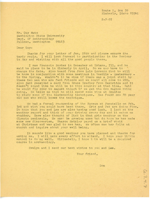 Letter from Don Crabtree to Guy R. Moto accepting an invitation to a lithic technology seminar being held at Washington State University. He also tells him about the Museum in Pocatello reopening.