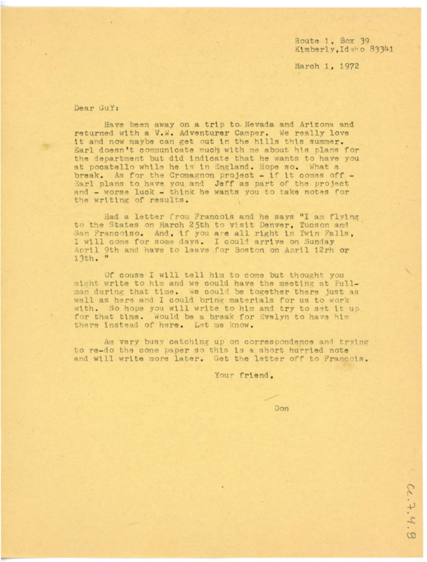 Letter from Don Crabtree to Guy R. Moto regarding his recent travels to Nevada and Arizona, adding that he has heard Francois Bordes may be visiting the United States soon.