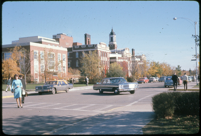 A photographic slide of a scenic view of an urban center.