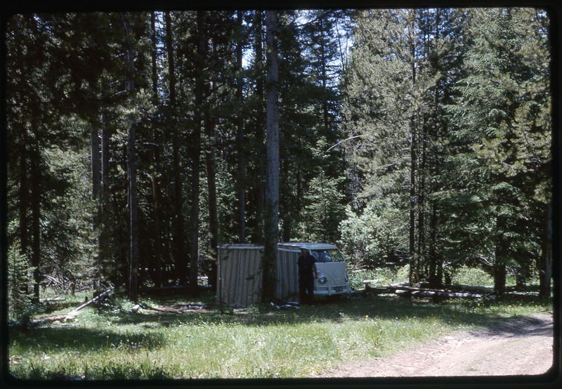 A photographic slide of a van in the midst of a forest.