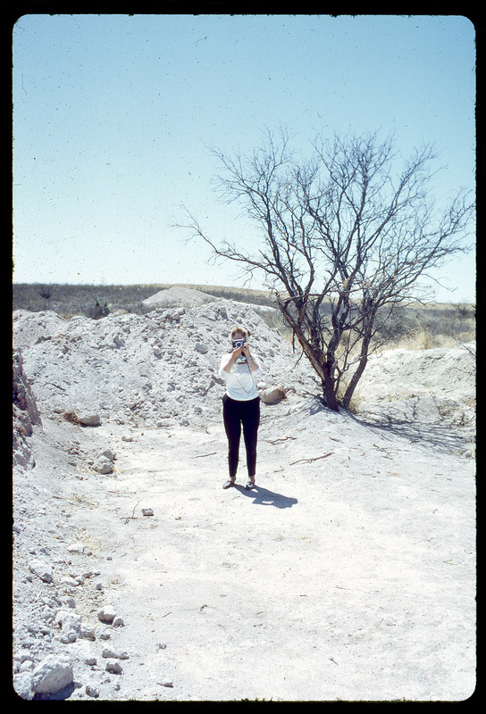 A photographic slide of a woman holding a camera to her face by a tree in a desert.