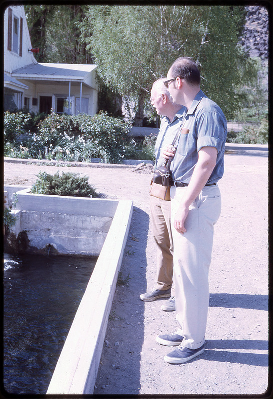 A photographic slide of two men looking over a garden in front of a house.