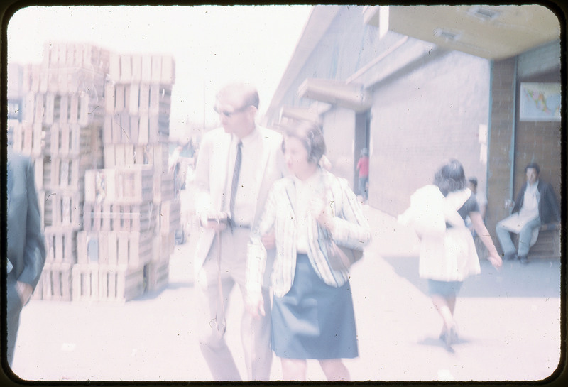 A photographic slide of a blurry and grainy view of a man and a woman outside a brick building.