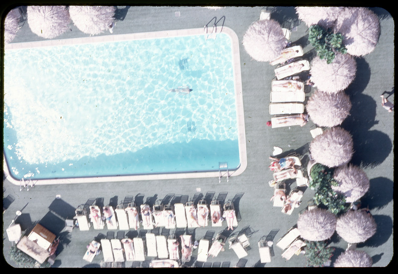 A photographic slide of an aerial view of a pool.