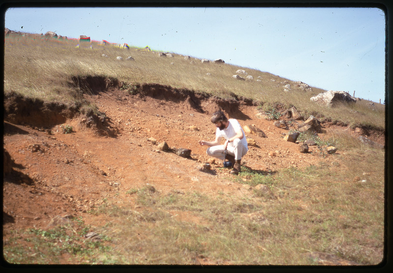 A photographic slide of a man analyzing rocks on a grassy hillside.