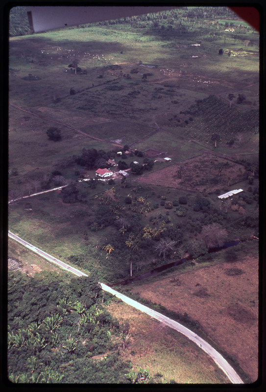 A photographic slide of an aerial view of a house and surrounding agricultural land. There is a road and orchards.