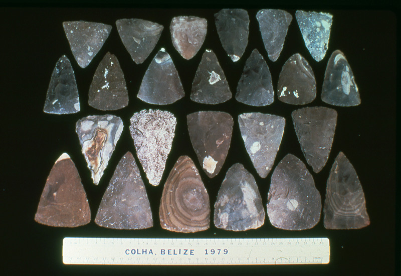 A photographic slide of bifaces arranged on a black surface neatly. They are from Colha, Belize 1979.