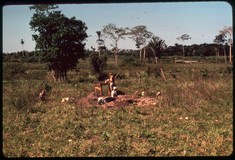 A photographic slide of an archaeological site in ai tropical area. There is an excavation pit and two people working it.