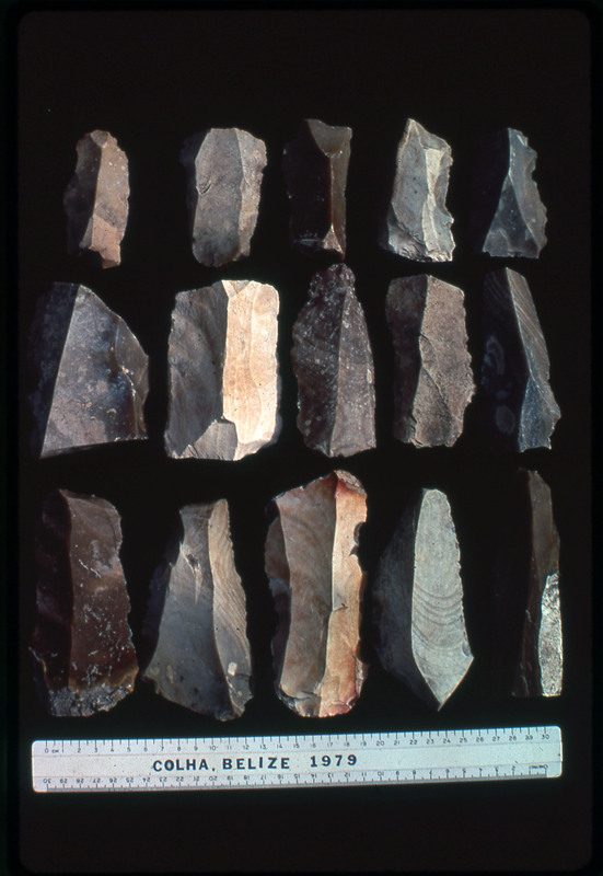 A photographic slide of lithic cores arranged in a neat organization. They are from Colha, Belize 1979.