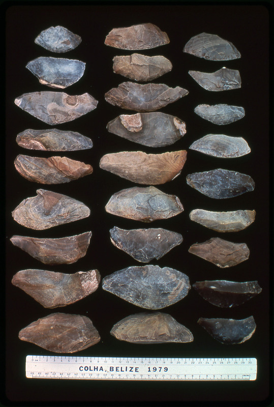 A photographic slide of lithic materials in an arrangement on a black surface. They are neatly organized. They are from Colha, Belize in 1979.