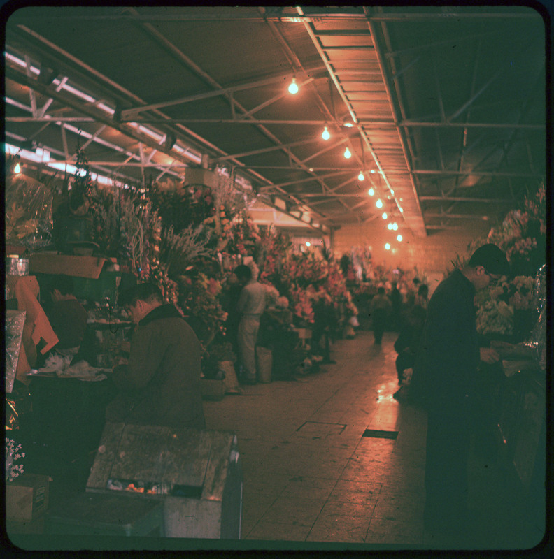 A photographic slide of an indoor floral arrangement market. There are people looking at the flowers.