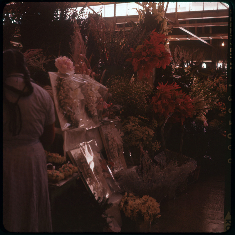 A photographic slide of many floral arrangements, some in baskets and plastic. There is a person on the side of the photo.