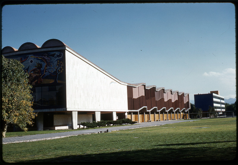 A photographic slide of a large building with geometric architecture.