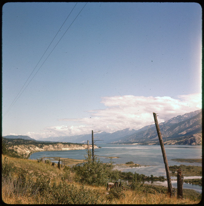 A photographic slide of a large lake and its coastline. There are mountains in the background and many pine trees.