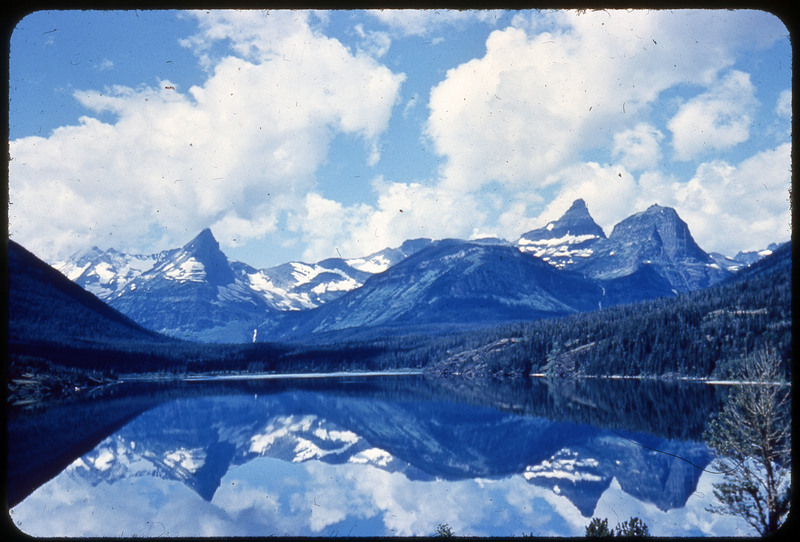 A photographic slide of three mountain goats on a rocky cliffside of a mountain. There are many mountains in the background.