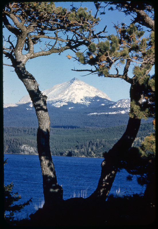 A photographic slide of a mountain lodge with snowy mountains in the background. There are many horses with two people riding them. There is also a lake in the background.