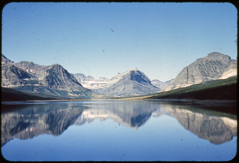 A photographic slide of a tree with a lake and a snowy mountain in the background.