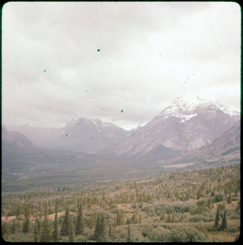 A photographic slide of a mountain range that is snowy. The valley is forested and the sky is cloudy.