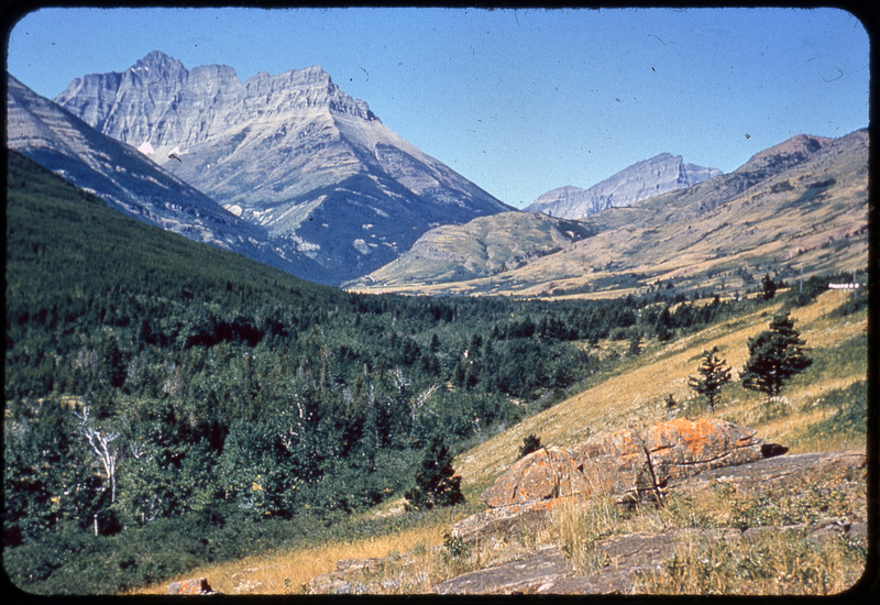 A photographic slide of a rocky mountainscape. There is a valley of a forest in the foreground. There is a grassy hillside on the side of the image.