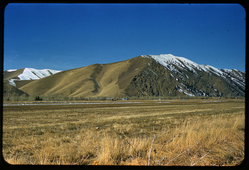 A photographic slide of snowy mountains behind a large agricultural field. The mountains appear rocky. There is a blue sky.