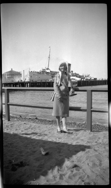 A black and white negative of a woman standing on a beach and leaning on the fence. There is a large ship and dock in the background. She is wearing regular dress.