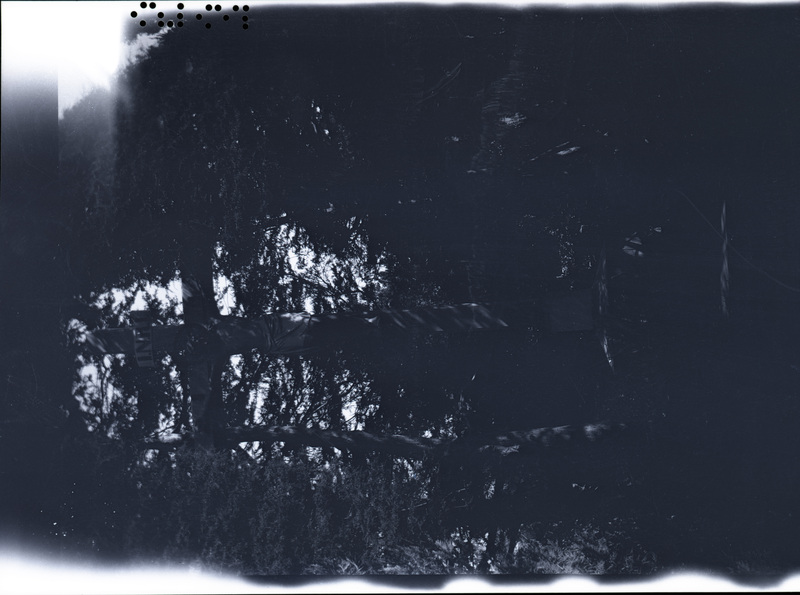 A black and white negative of Jesus on a cross in a small forested area.